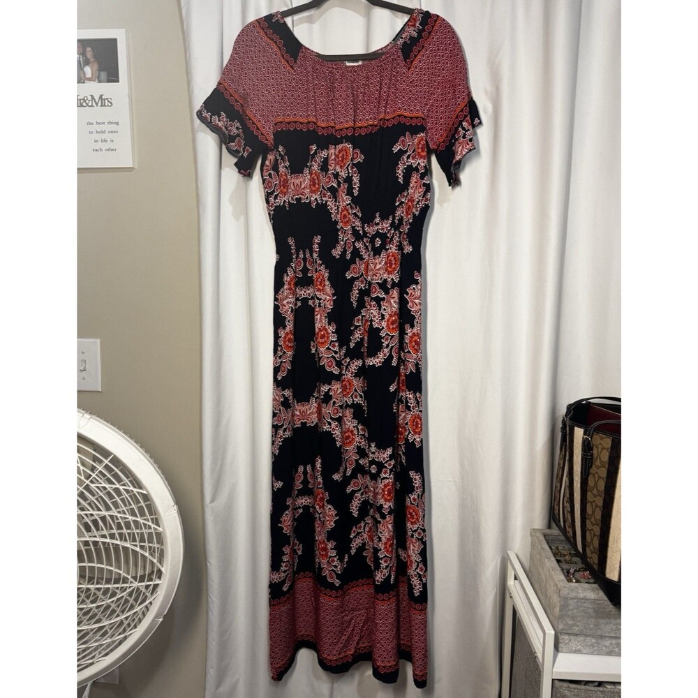 Kindred Women's XL Black/Red/Orange Floral Scoop Neck Smocked Maxi Dress Boho